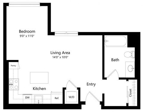 Floor plan for studio, 1 bath, 564 sqft